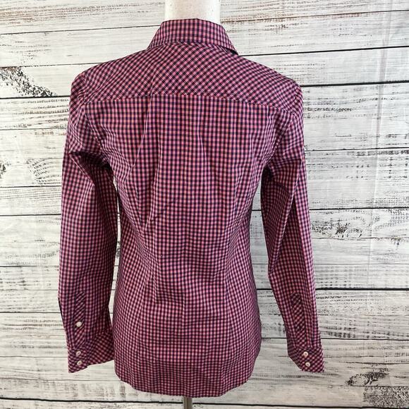 Vineyard Vines Blouse Shirt size 0 Pink Navy Blue Gingham Check Whale Casual - Picture 7 of 8